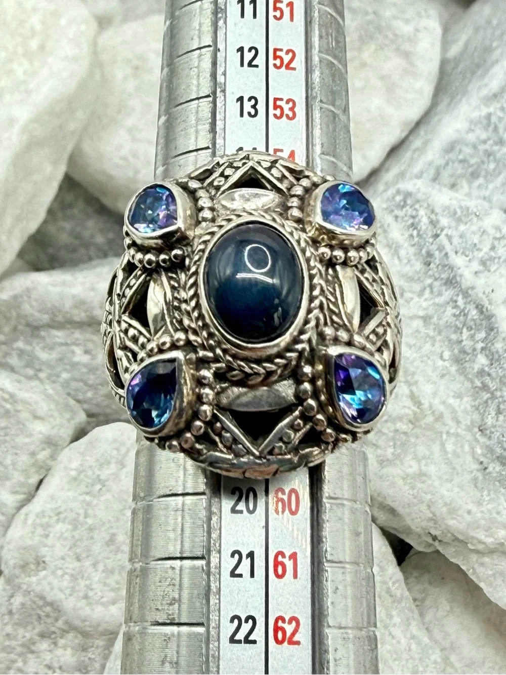 Vintage SARDA 925 Sterling Silver Sapphire Blue Topaz Statement Ring Size 8 EUC